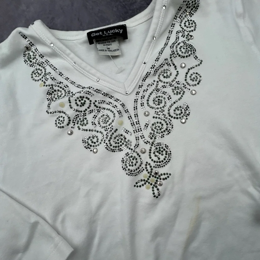 Get Lucky Vintage Y2K White Rhinestone Embellished V-Neck Long Sleeve Top Small‎